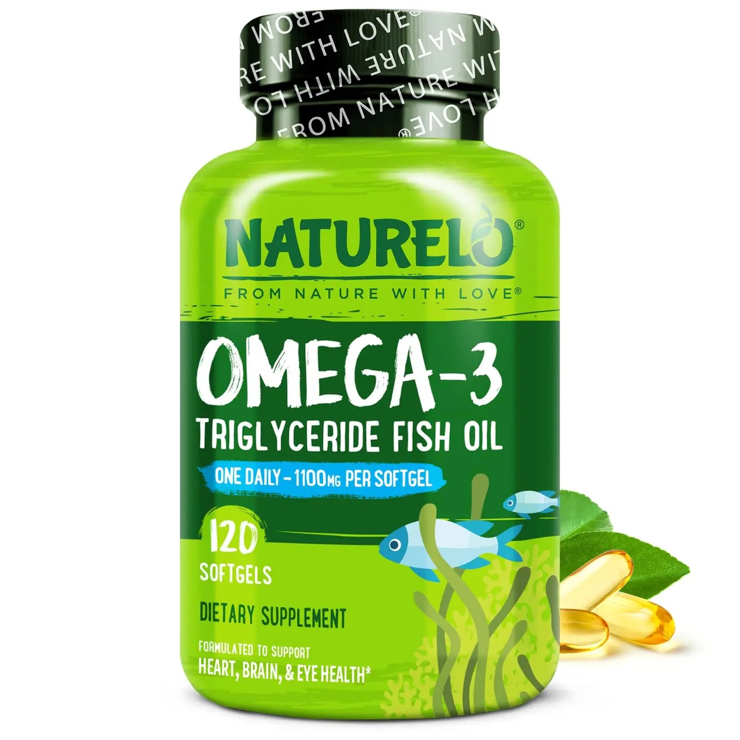 NATURELO Burpless Omega 3 Fish Oil Supplement - 1100mg Triglyceride Omega-3, EPA + DHA, Liquid Fish Oil for Heart, Eye, Brain, Joint Health NATURELO