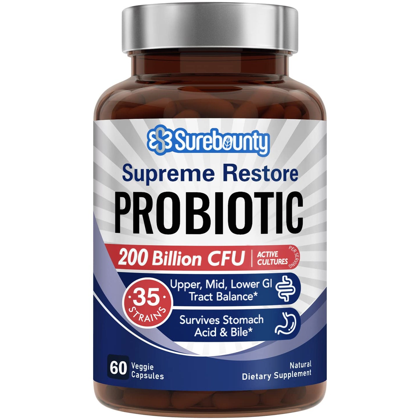 Surebounty Probiotic for Men & Women, 200 Billion CFU 35 Strains, Prebiotics + Digestive Enzymes, Supreme Restore Probiotic Supplement, Surebounty