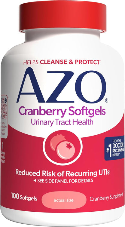 AZO Cranberry Supplement, Made with Concentrated Whole Fruit Cranberry Powder to Help Cleanse and Protect the Urinary Tract*, Sugar Free Cranberry Pills, Non-GMO, 100 Softgels Gsupps Australia