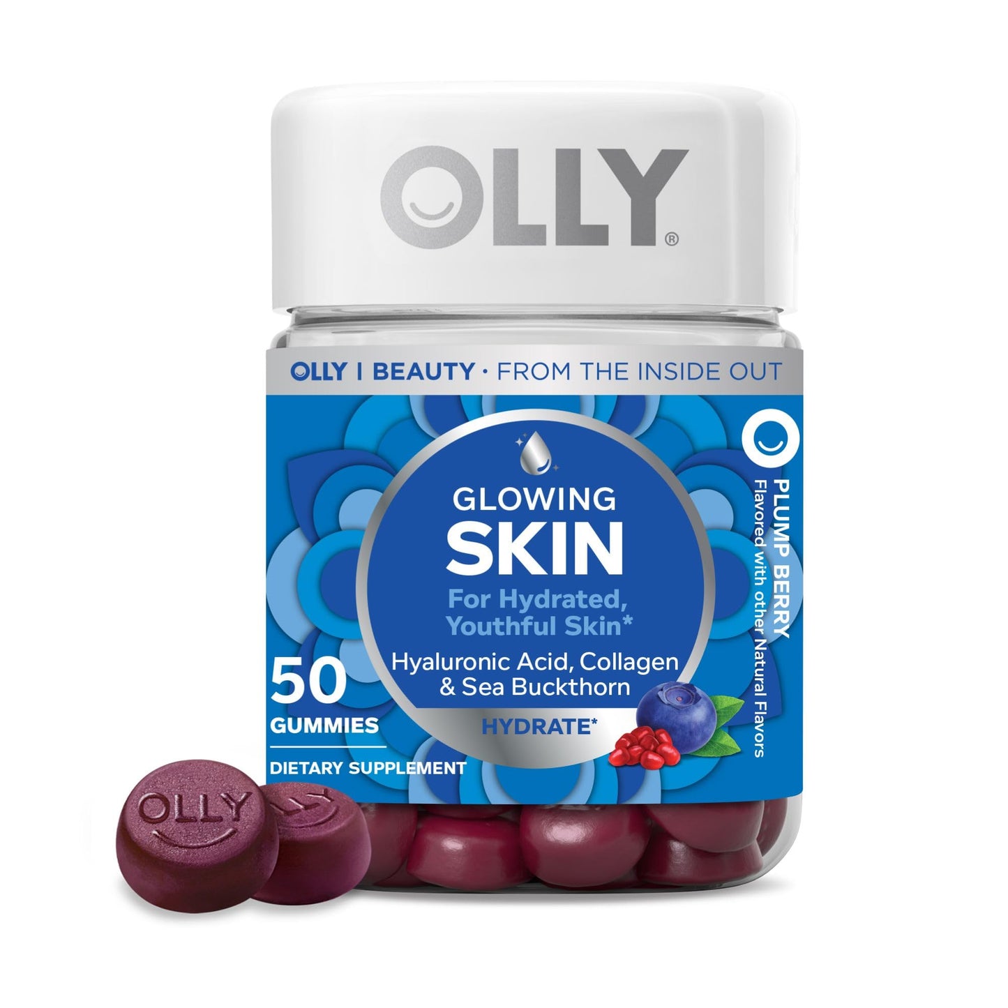 OLLY Glowing Skin Gummy, Hydrated & Youthful Skin,* Hyaluronic Acid, Collagen Peptides, Sea Buckthorn, Plump Berry Flavor OLLY