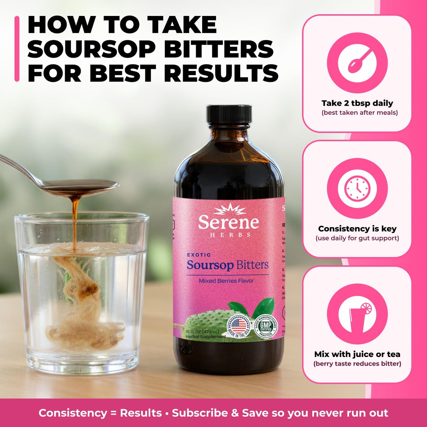Serene Herbs Soursop Bitters Liquid with Soursop Leaves for Gut Cleanse, Detox & Immune Boost with Black Seed, Moringa, Irish Moss, Ashwaganda, Turmeric, 16 fl oz (16 Fl, Soursop)