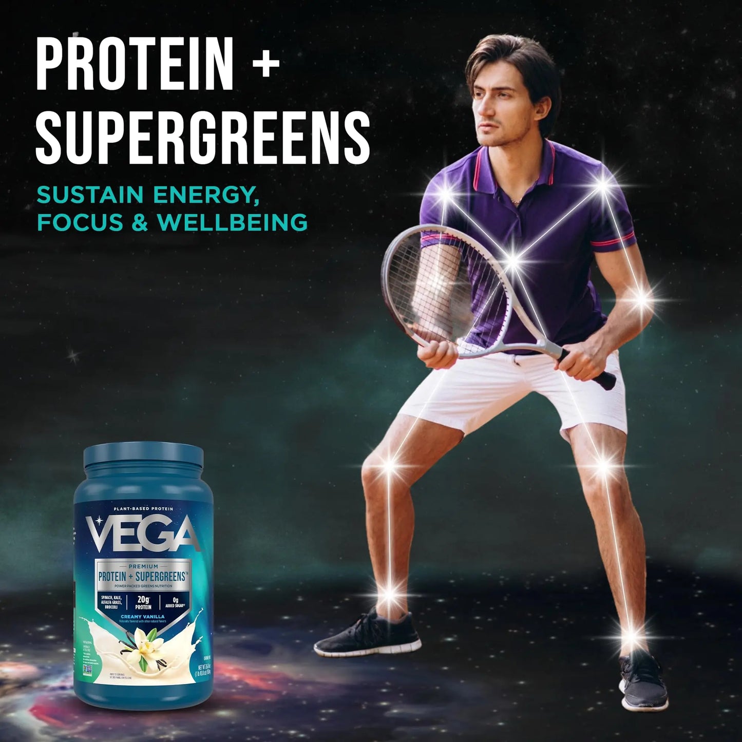 Vega Premium Protein + Supergreens, Creamy Vanilla – 20g Vegan Protein, Dairy & Gluten Free, 26.9 oz (25 Servings) Vega