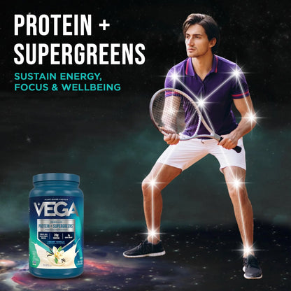Vega Premium Protein + Supergreens, Creamy Vanilla – 20g Vegan Protein, Dairy & Gluten Free, 26.9 oz (25 Servings) Vega