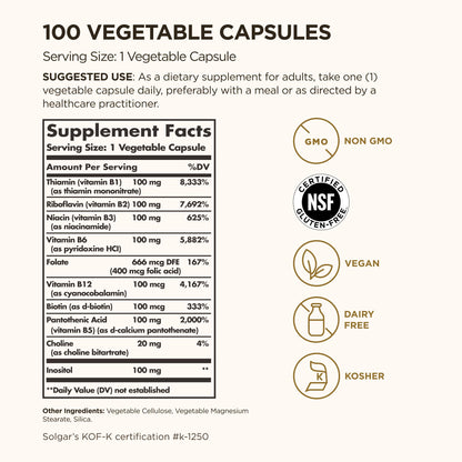 Solgar B-Complex "100", 100 Vegetable Capsules - Nervous System Support - Supports Energy Metabolism - Non-GMO, Vegan, Gluten Free, Solgar
