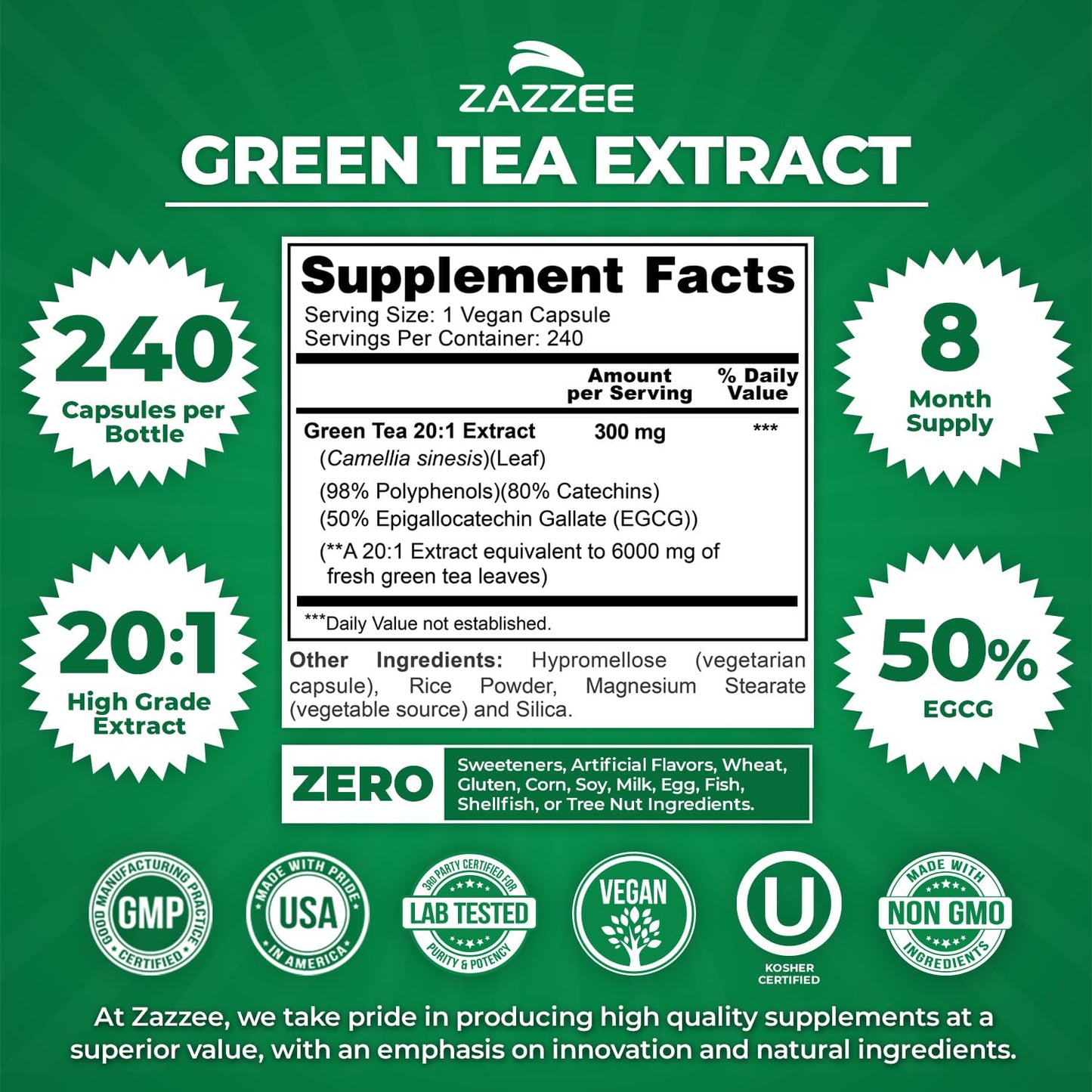 Zazzee Extra Strength Green Tea 20:1 Extract, 50% EGCG, 150 Vegan Capsules | 98% Polyphenols, 80% Catechins, 5 Month Supply, Certified Kosher, Antioxidant & Metabolism Support, Non-GMO, Made in the USA Gsupps Australia