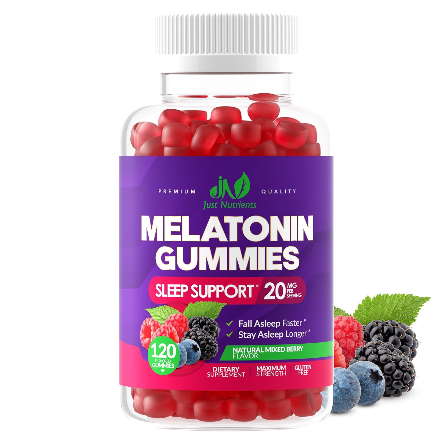 Melatonin 20mg Gummies (120 Count) - Maximum Strength Sleep Support for Adults with 10mg of Melatonin Per Gummy - Gluten-Free, Non-GMO, Vegetarian Just Nutrients