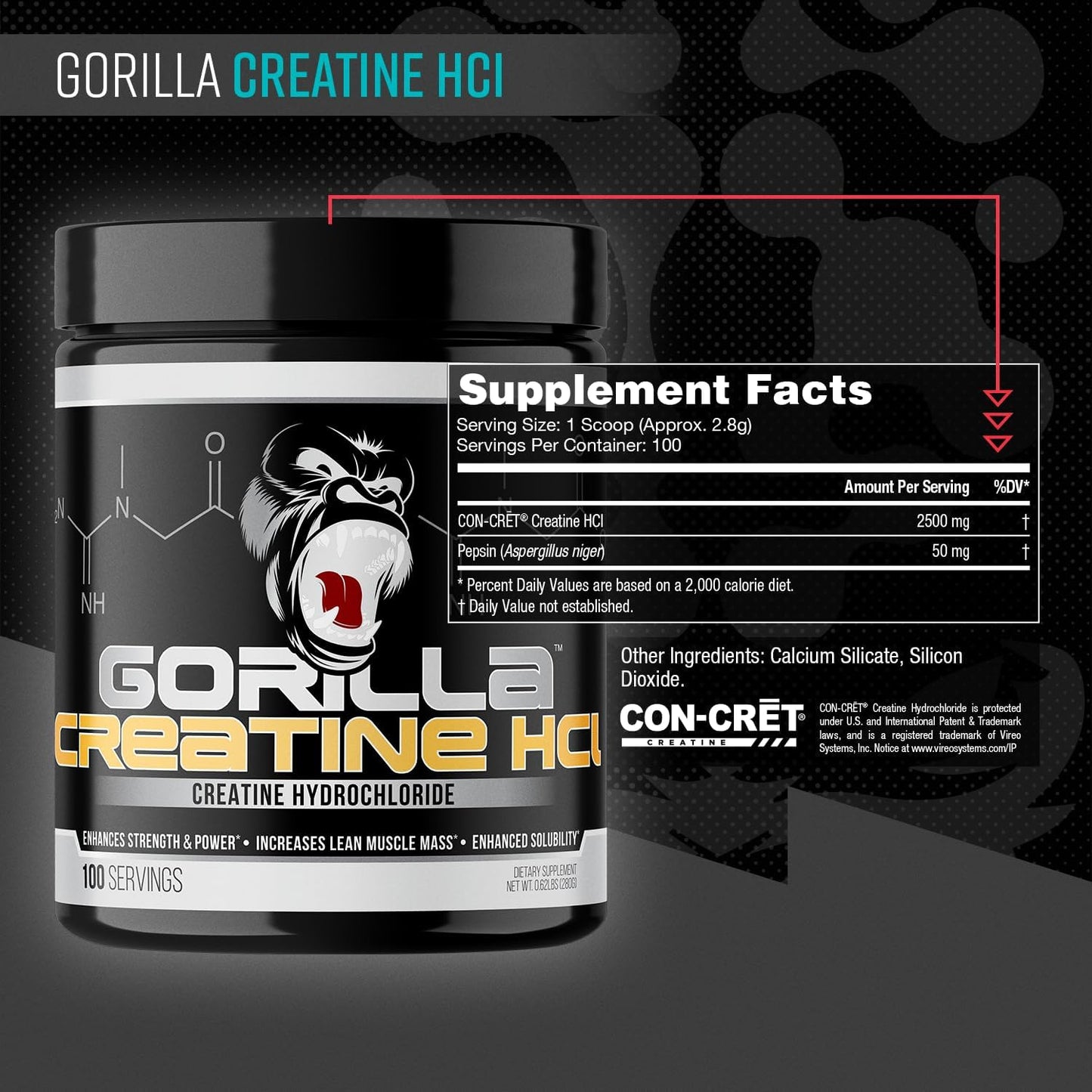 Gorilla Mind CON-CRĒT® Creatine HCl W/Pepsin, Unflavored | GI-Friendly Alternative | Muscle Size, Power Output, Strength, Brain Health & Performance | Convenient 2.5 Grams per Serving, 100 Servings