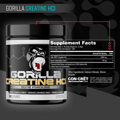 Gorilla Mind CON-CRĒT® Creatine HCl W/Pepsin, Unflavored | GI-Friendly Alternative | Muscle Size, Power Output, Strength, Brain Health & Performance | Convenient 2.5 Grams per Serving, 100 Servings