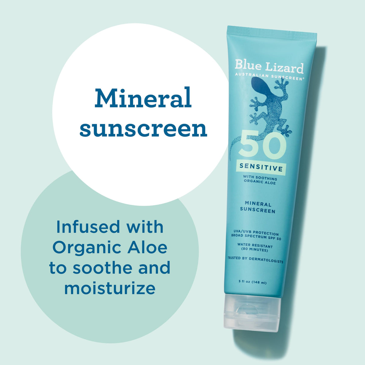 Blue Lizard Sensitive Mineral SPF 50 Sunscreen Lotion, 100% Mineral Sunscreen, UVA/UVB Protection, Infused with organic Aloe Vera, Soothes and Hydrates, 5 fl oz BLUE LIZARD