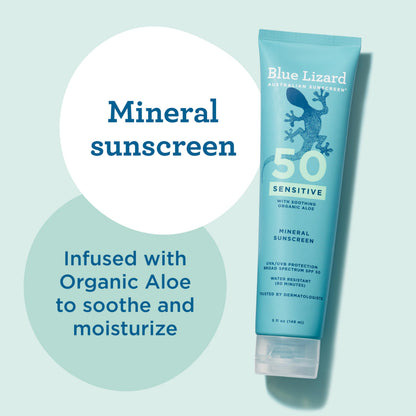 Blue Lizard Sensitive Mineral SPF 50 Sunscreen Lotion, 100% Mineral Sunscreen, UVA/UVB Protection, Infused with organic Aloe Vera, Soothes and Hydrates, 5 fl oz BLUE LIZARD