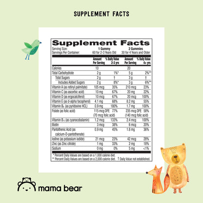 Amazon Brand - Mama Bear Organic Kids Multivitamin Gummies, Berry, Cherry & Orange, 60 Count, 1 Month Supply (Packaging May Vary) Mama Bear