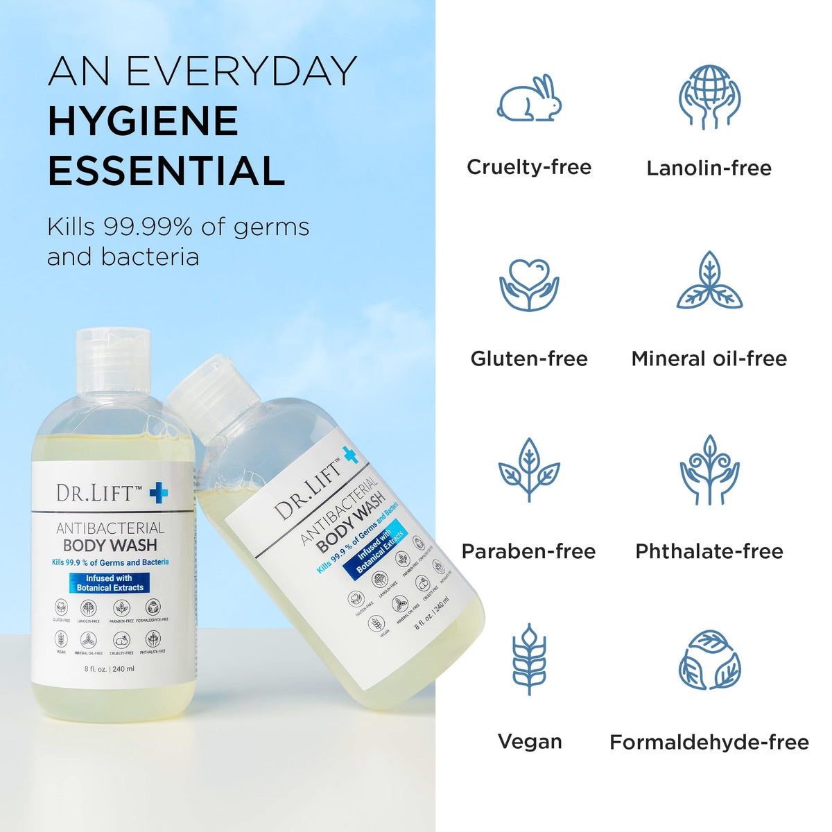 Dr. Lift Antibacterial Body Wash, Lemon, Spirulina, Vegan, 8 Fl Oz DR. LIFT