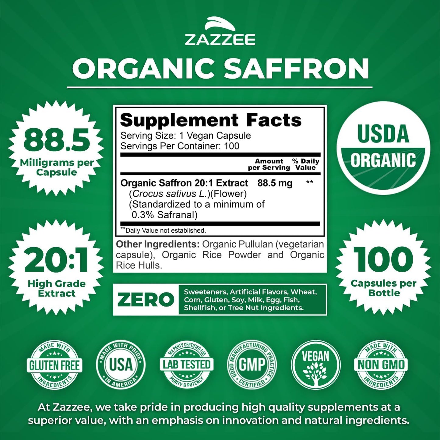 Zazzee USDA Organic Saffron 20:1 Extract, 88.5 mg, 0.3% Safranal, Vegan | 100 Capsules, 3+ Month Supply, Concentrated and Standardized 20X Extract, Non-GMO, All-Natural, Made in the USA Gsupps Australia
