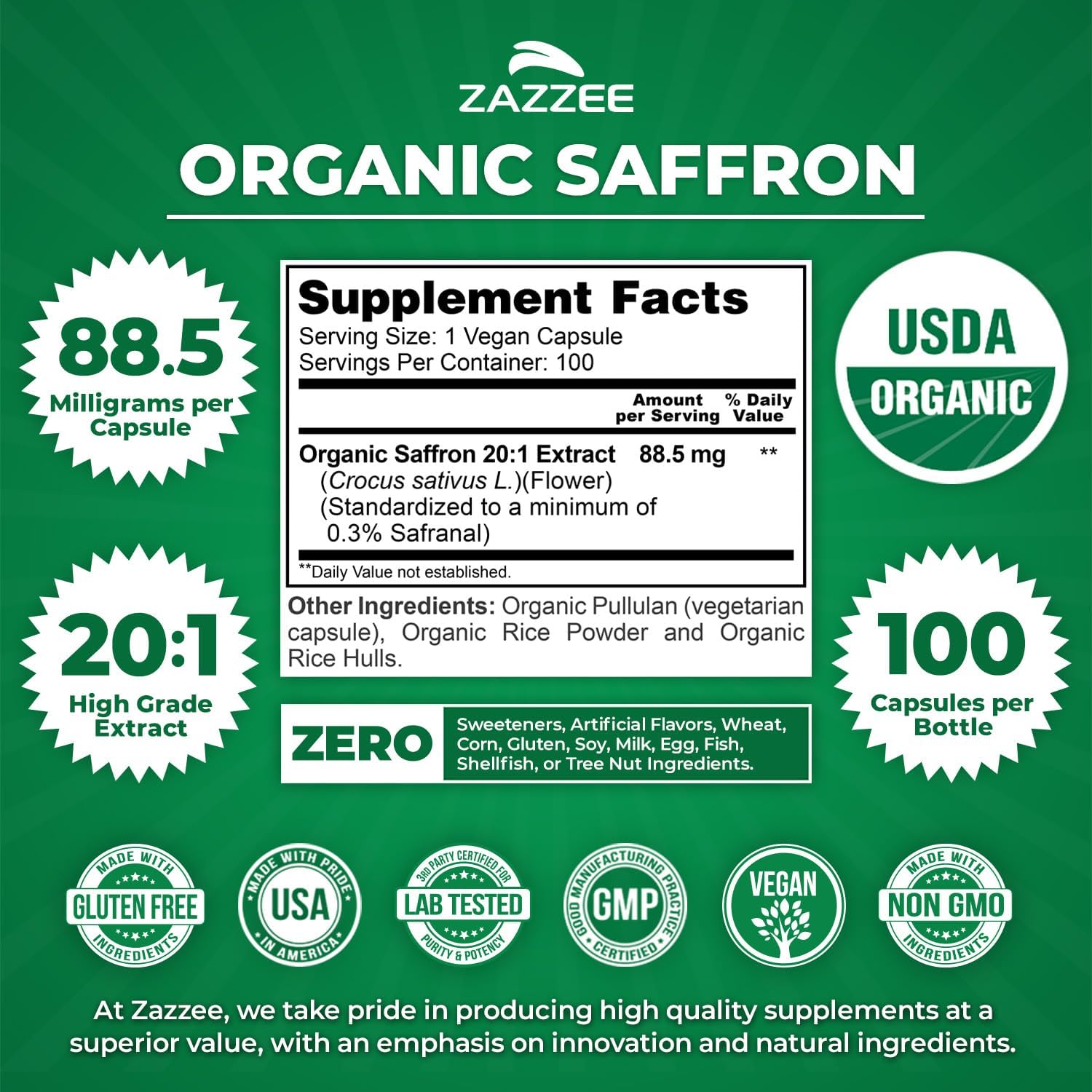 Zazzee USDA Organic Saffron 20:1 Extract, 88.5 mg, 0.3% Safranal, Vegan | 100 Capsules, 3+ Month Supply, Concentrated and Standardized 20X Extract, Non-GMO, All-Natural, Made in the USA Gsupps Australia