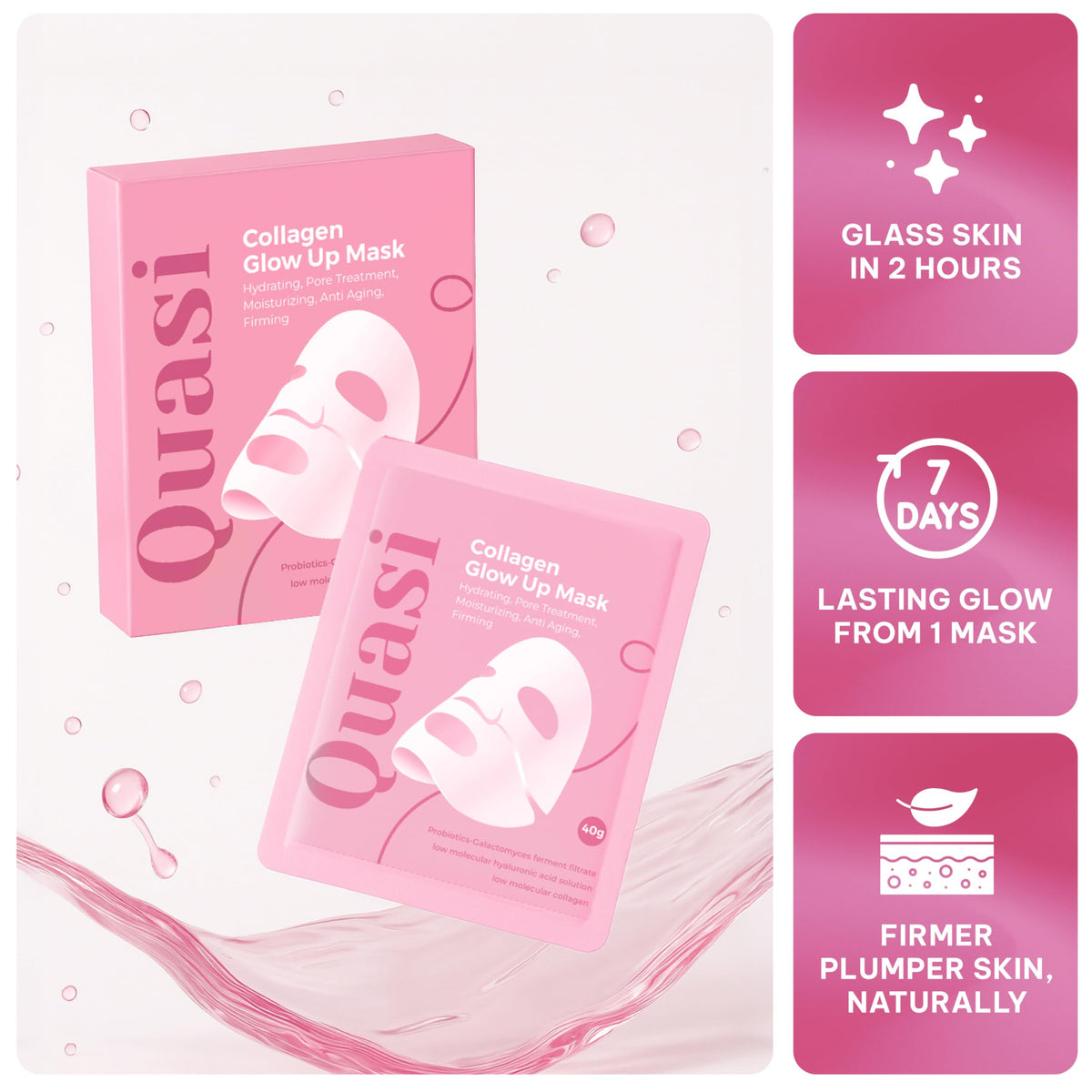 Quasi Bio-Collagen Face Mask Overnight – Hydrating Korean Sheet Mask – Niacinamide & Low Molecular Collagen – Firming & Smoothing Skincare for All Skin Types – 4 Masks Quasi