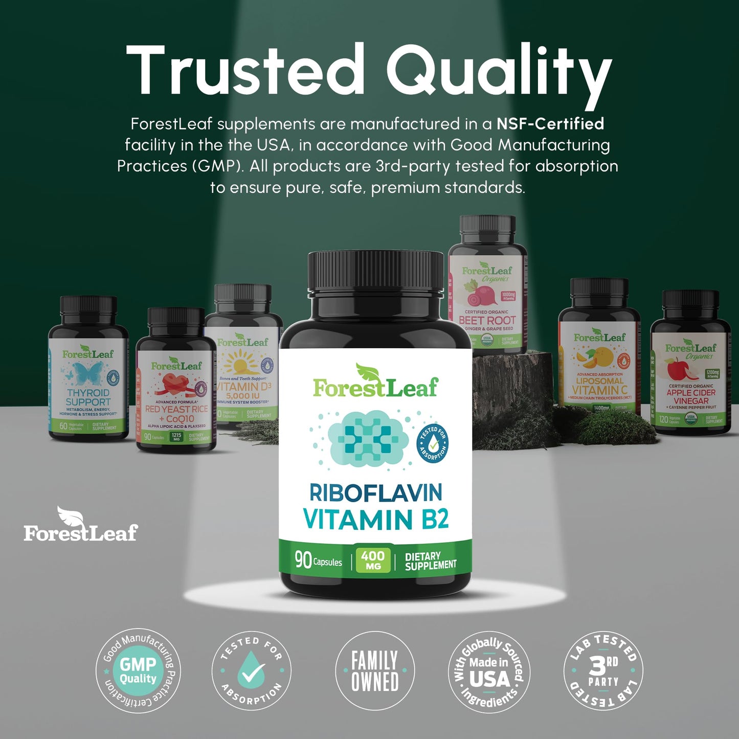 ForestLeaf Vitamin B2 Riboflavin 400mg - Energy, Skin & Cellular Health Supplement - Nervous System Support - Vitamin B 2 VIT B - Non-GMO & Gluten Free ForestLeaf