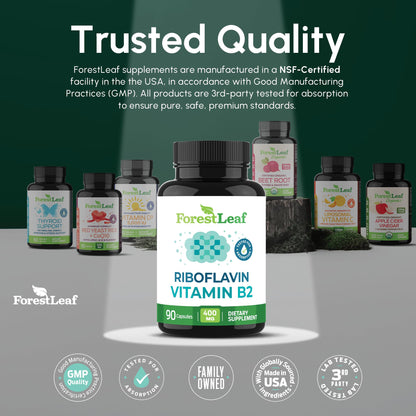 ForestLeaf Vitamin B2 Riboflavin 400mg - Energy, Skin & Cellular Health Supplement - Nervous System Support - Vitamin B 2 VIT B - Non-GMO & Gluten Free ForestLeaf