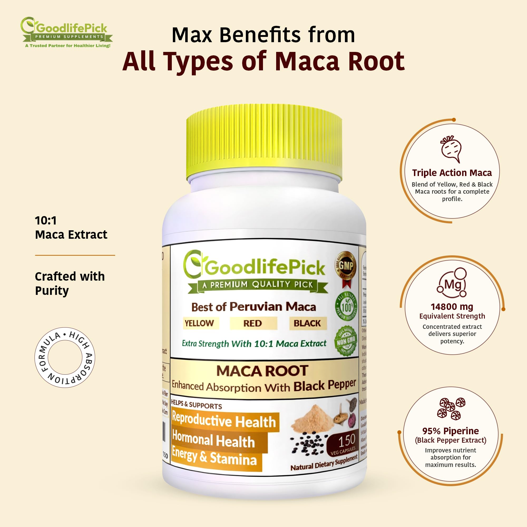 Peruvian Maca Root Capsules 150 ct. Powerful Maca Blend of Yellow Red & Black Maca Root with Black Pepper. All Natural NonGMO Vegan No Stearate No Rice Powder No Silica No Filler GoodlifePick buy australia supplements
