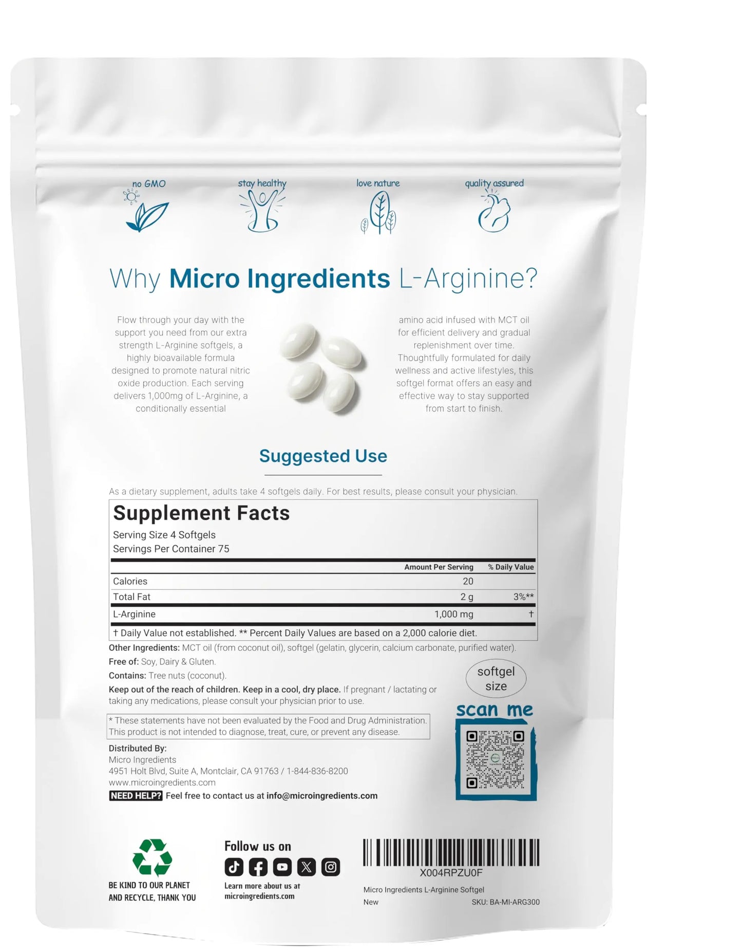 Micro Ingredients L-Arginine 1000mg with MCT Oil, 300 Softgels | Nitric Oxide Precursor* for Men & Women | Extra Strength Amino Acid Formula for Daily Wellness Micro Ingredients