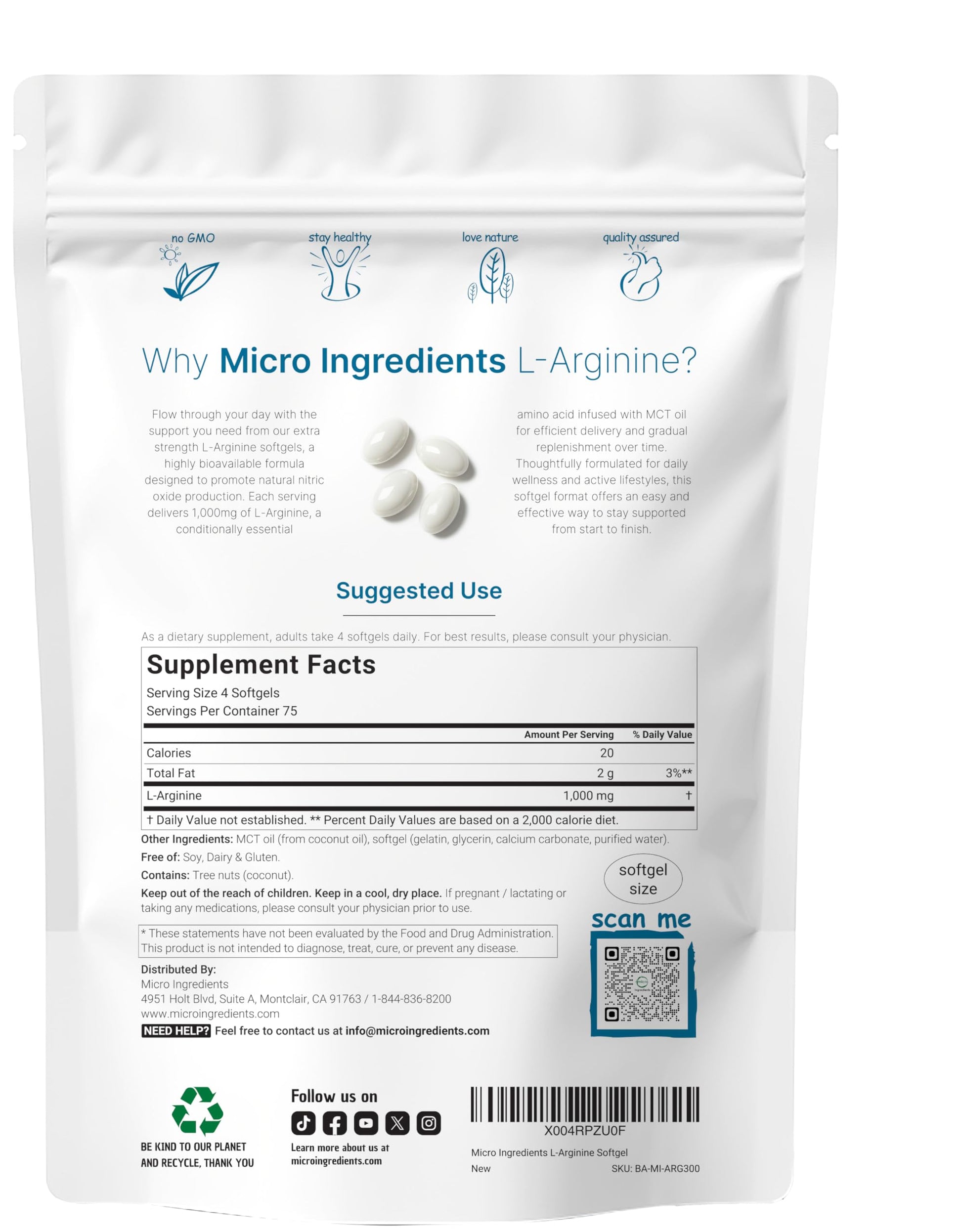 Micro Ingredients L-Arginine 1000mg with MCT Oil, 300 Softgels | Nitric Oxide Precursor* for Men & Women | Extra Strength Amino Acid Formula for Daily Wellness Micro Ingredients buy australia supplements