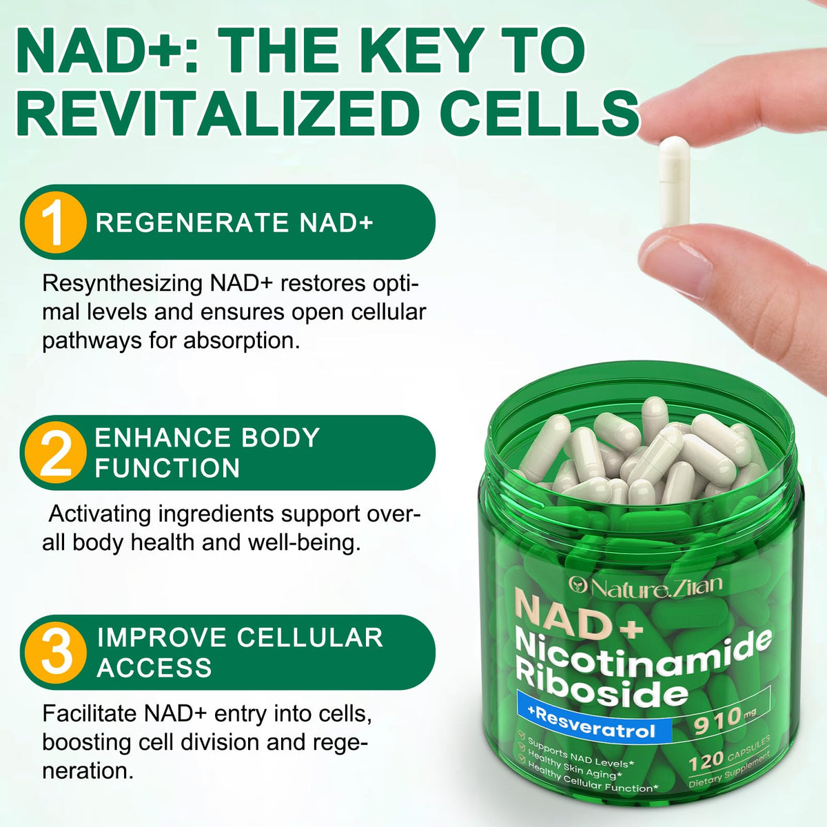 NAD Supplement - NAD+ Nicotinamide Riboside 910 Mg Supplement for Women & Men, Liposomal Nicotinamide Riboside with Resveratrol, for Focus, Boost - 120 Capsules (120 Count (Pack of 1)) O NATURE . ZIRAN