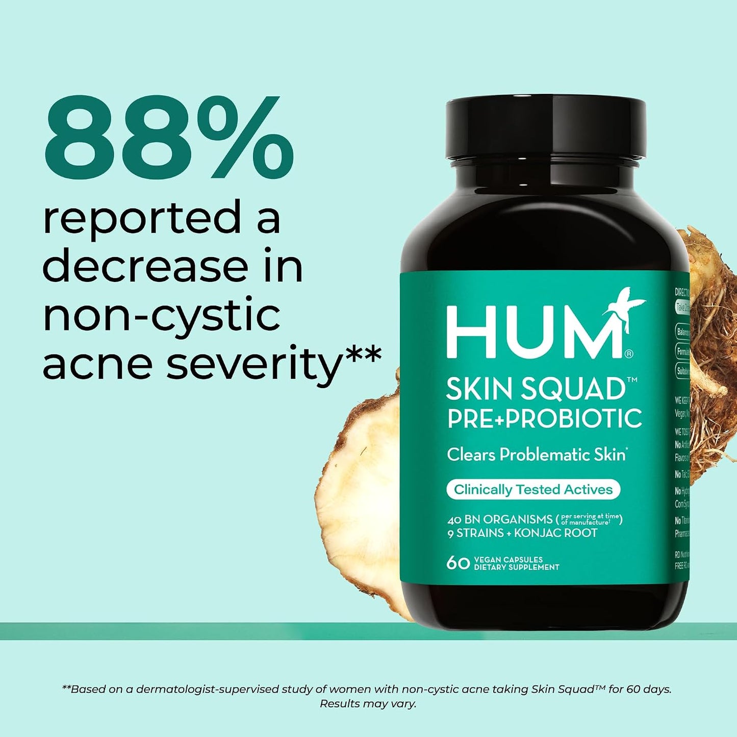 HUM Skin Squad Probiotics for Women and Men, Skin Care Supplement for Clear Complexion & Gut Health Support, Microbiome Prebiotic & Probiotic Supplement for Breakouts, Digestive Health, 60 Capsules