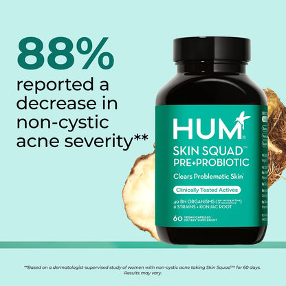 HUM Skin Squad Probiotics for Women and Men, Skin Care Supplement for Clear Complexion & Gut Health Support, Microbiome Prebiotic & Probiotic Supplement for Breakouts, Digestive Health, 60 Capsules
