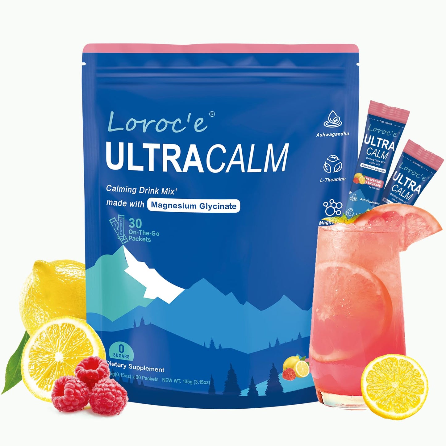 Loroc'e UltraCalm Super Cortisol Reducer Drink, Magnesium Glycinate (30 Servings), L-theanine, Ashwagandha, Vitamin D, No Sugar, Loroc'e