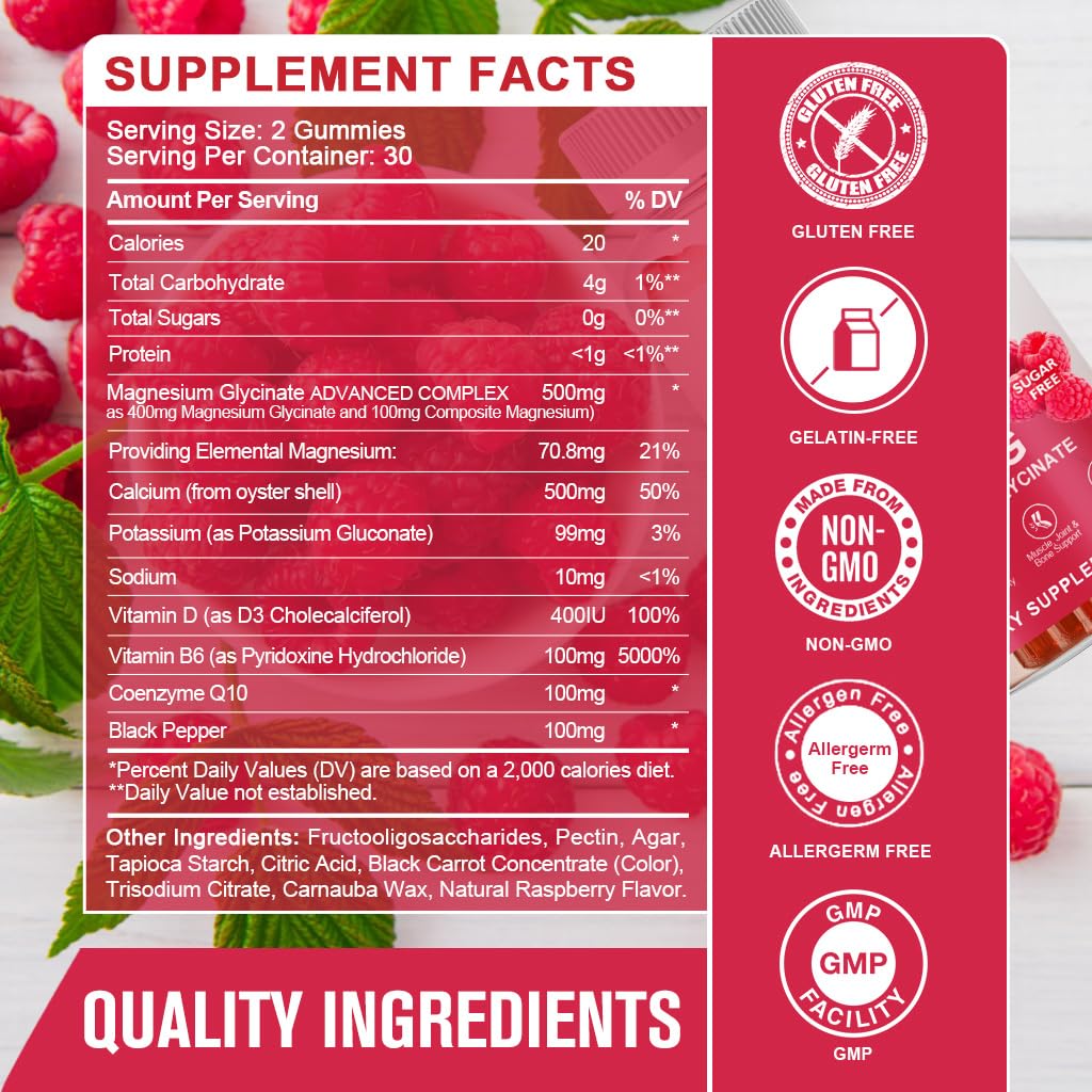Magnesium Glycinate Gummies 400 mg with 100 mg Composite magnesium - Chelated Magnesium Potassium Supplement with Vitamin D, B6 Supports Calm, Sleep, Memory & Muscle GONGOTA
