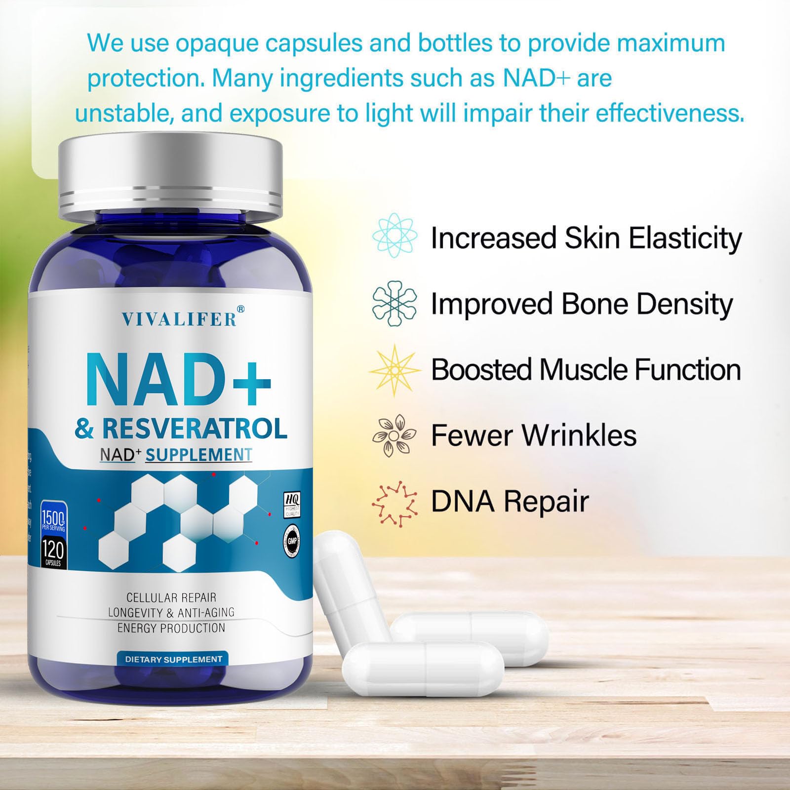 DQQI NMN Supplement Alternative 1500 mg - 120 Capsules (40 Day Supply) High Purity NAD+ & Resveratrol for Anti-Aging, Antioxidant Support, Energy & Focus Boost DQQI buy australia supplements