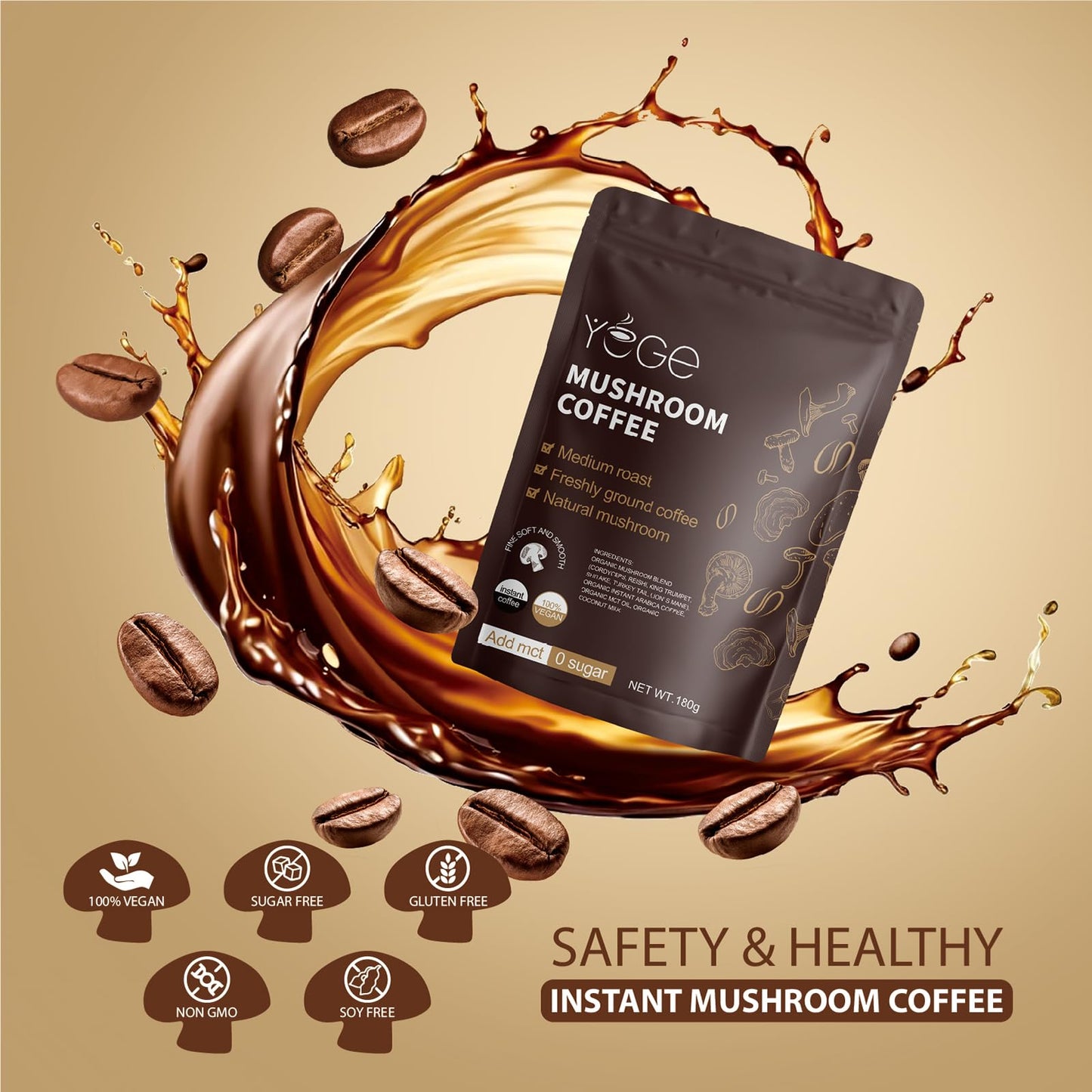 Mushroom Coffee, Instant Mushroom Coffee with Cordyceps, Reishi, King Trumpet, Shiitake, Turkey Tail, Lions Mane for Energy YEGE