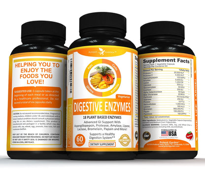 Potent Garden Digestive Enzymes -18 Plant Based Enzymes with amylase lipase bromelain Protease lactase & Other Enzymes - One Pre Meal Pill Supports Healthy Potent Garden