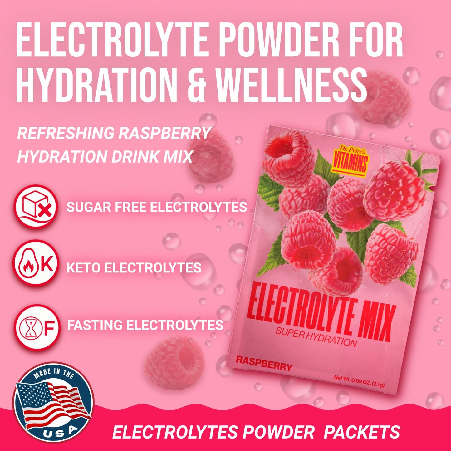 Dr. Price’s Electrolytes Hydration Powder Packets – Raspberry, 30 Packs | Sugar Free Electrolyte Drink Mix, 72+ Trace Minerals, Manganese | Keto Electrolytes, Dr. Price's Vitamins