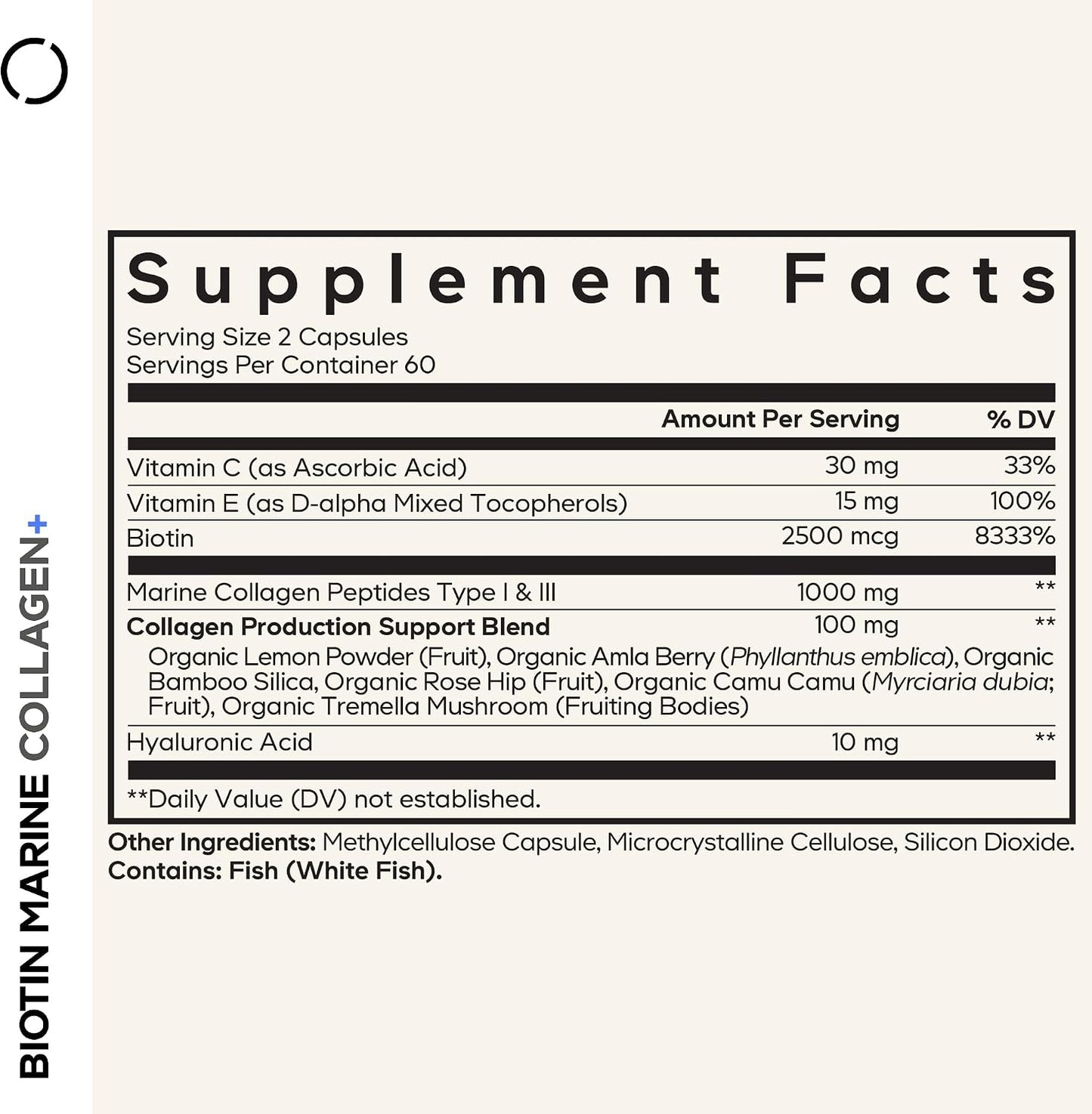 Codeage Biotin Marine Collagen, Hyaluronic Acid, Vitamin C, 120 Capsules | Wild-caught marine collagen peptides powder (types I and III) with biotin, vitamins C and E, and hyaluronic acid. Non-GMO.