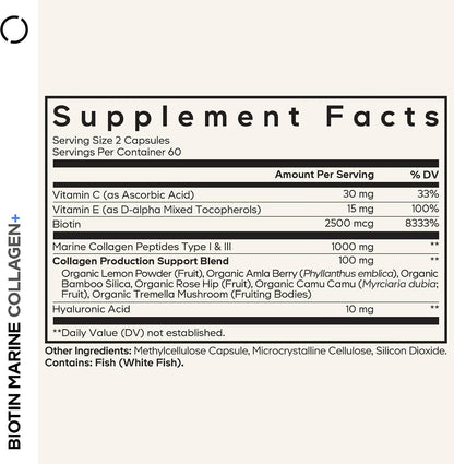 Codeage Biotin Marine Collagen, Hyaluronic Acid, Vitamin C, 120 Capsules | Wild-caught marine collagen peptides powder (types I and III) with biotin, vitamins C and E, and hyaluronic acid. Non-GMO.