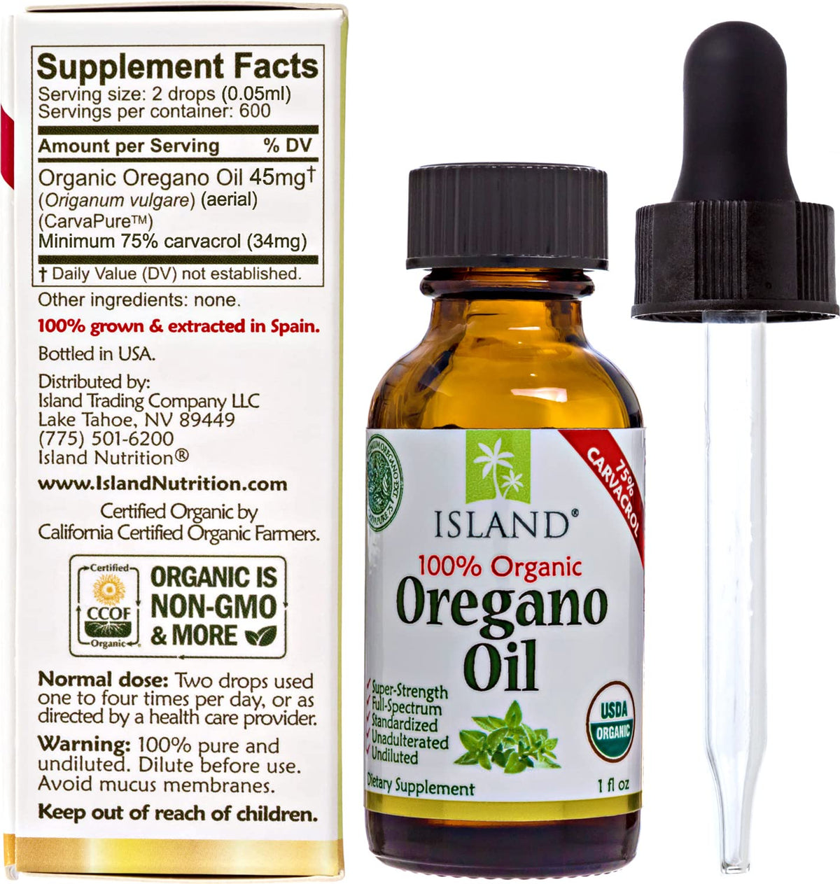 Island Nutrition, Oregano Oil Organic Liquid Drops - 100% Pure & Undiluted - USDA-Certified Organic (1 oz) 75% Carvacrol Island Nutrition