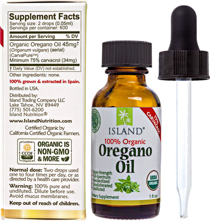 Island Nutrition, Oregano Oil Organic Liquid Drops - 100% Pure & Undiluted - USDA-Certified Organic (1 oz) 75% Carvacrol Island Nutrition