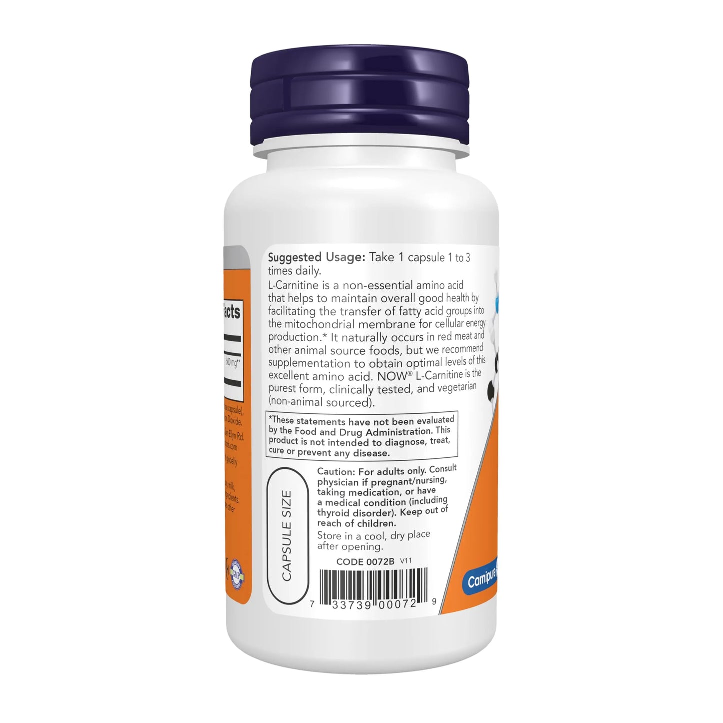 NOW Foods Supplements, L-Carnitine 500mg, Purest Form, Amino Acid, Fitness Support*, 60 Veg Capsules NOW Foods