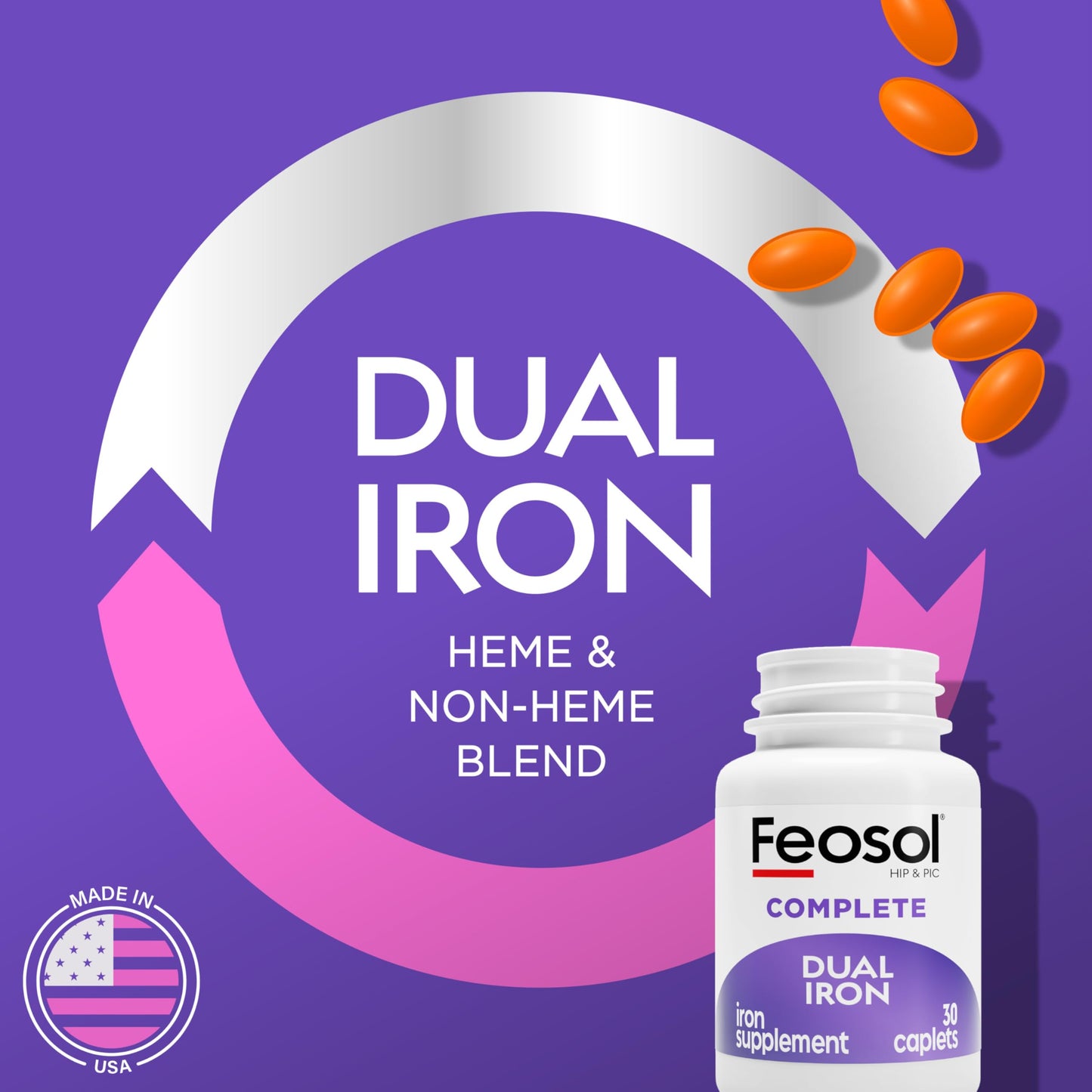 Feosol Complete Iron Supplement Caplets, Bifera Iron for High Absorption, Heme and Non-Heme Dual Action Minimizes Side Effects, 1 Per Day Feosol