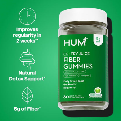 HUM Celery Juice Fiber Gummies for Adults, First Prebiotic Celery Juice Gummy, Gluten Free Fiber Supplement Supports Detoxification, Gut Health, Greens Gummies, Chlorophyll & Prebiotic Fiber, 60 Count