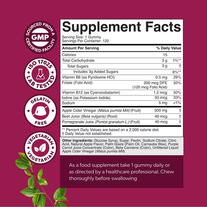 Apple Cider Vinegar Gummies with Mother - Cleanse & Detox ACV Gummies for Weight Loss, Gut Health, Bloating, Metabolism & Energy Support - ACV with Mother with B12 Vitamin, B6 & Pomegranate - 60 Ct Gsupps Australia