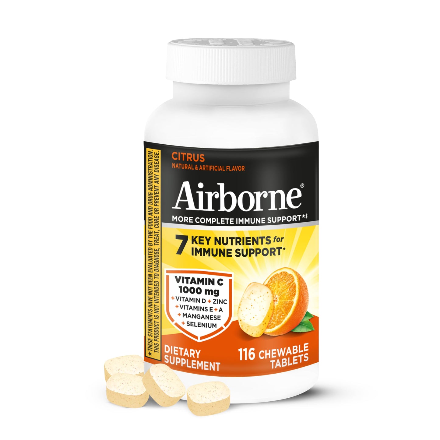 Airborne Vitamin C 1000mg (per Serving) - Citrus Chewable Tablets (116 Count in a Bottle), Gluten-Free Immune Support Supplement, with Vitamins A C E, Zinc, Selenium Airborne