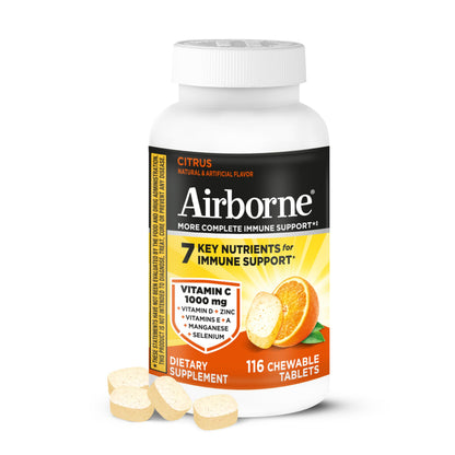 Airborne Vitamin C 1000mg (per Serving) - Citrus Chewable Tablets (116 Count in a Bottle), Gluten-Free Immune Support Supplement, with Vitamins A C E, Zinc, Selenium Airborne