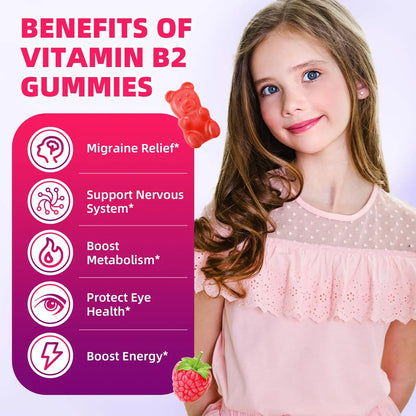 VCCHUYH Vitamin B2 Gummies for Kids & Adults, VIT B2 Riboflavin 400mg Supplement with Magnesium for Migraine Relief & Nervous System Support, Non-GMO, VCCHUYH