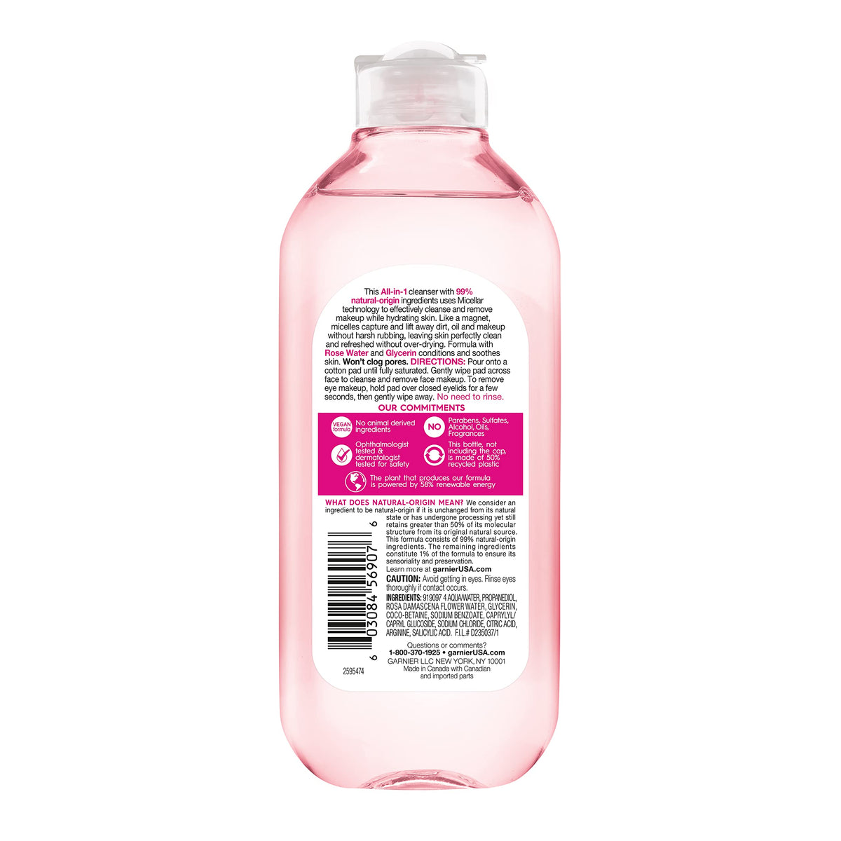 Garnier Micellar Water with Rose Water and Glycerin, Hydrating Facial Cleanser & Makeup Remover, For All Skin Types, Vegan, Cruelty Free, 13.5 Fl Oz (400mL), 1 Count Garnier