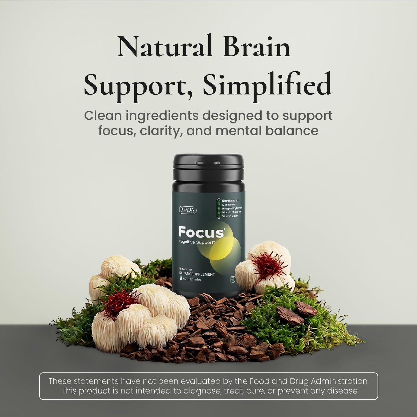 ELEVITA WELLNESS Focus Supplement (Made in Italy) | Premium Blend with L-Theanine, Lion's Mane & B Vitamins, Saffron and Vitamin D | Focus & Cognitive Support for Men & Women ELEVITA WELLNESS