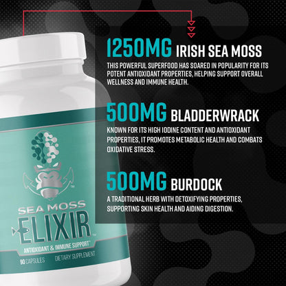 Gorilla Mind Sea Moss Elixir Capsules | Antioxidant Immune Support with Marine Macroalgae & Botanicals | Promotes Basal Metabolic Rate, Joint Comfort, and Cellular Health | 90ct Dietary Supplement