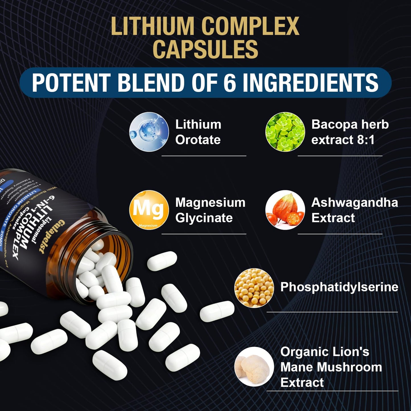 Lisopomal Lithium Orotate Complex Capsules, Lithium Orotate 20 mg, Magnesium Glycinate & Ashwagandha, Brain Health Supplements for Cognitive, Mood & Memory Gulapelst
