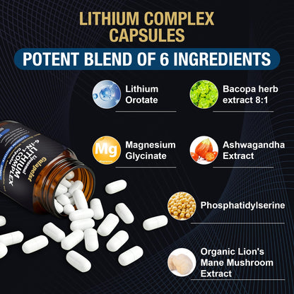 Lisopomal Lithium Orotate Complex Capsules, Lithium Orotate 20 mg, Magnesium Glycinate & Ashwagandha, Brain Health Supplements for Cognitive, Mood & Memory Gulapelst