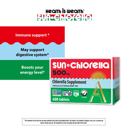Sun Chlorella 500mg Whole Body Wellness Green Algae Superfood Supplement - Immune Defense, Gut Health, Natural Purification, Energy Boost Sun Chlorella